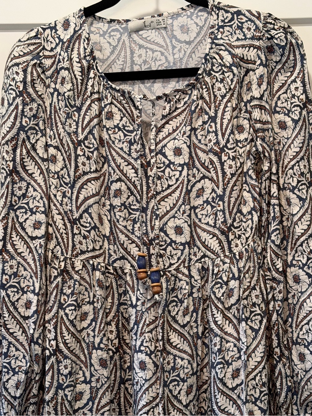 IKOLL Boho Paisley Floral Midi Dress Blue Ivory Long Sleeve Tie Neck Size Medium - Picture 3 of 11
